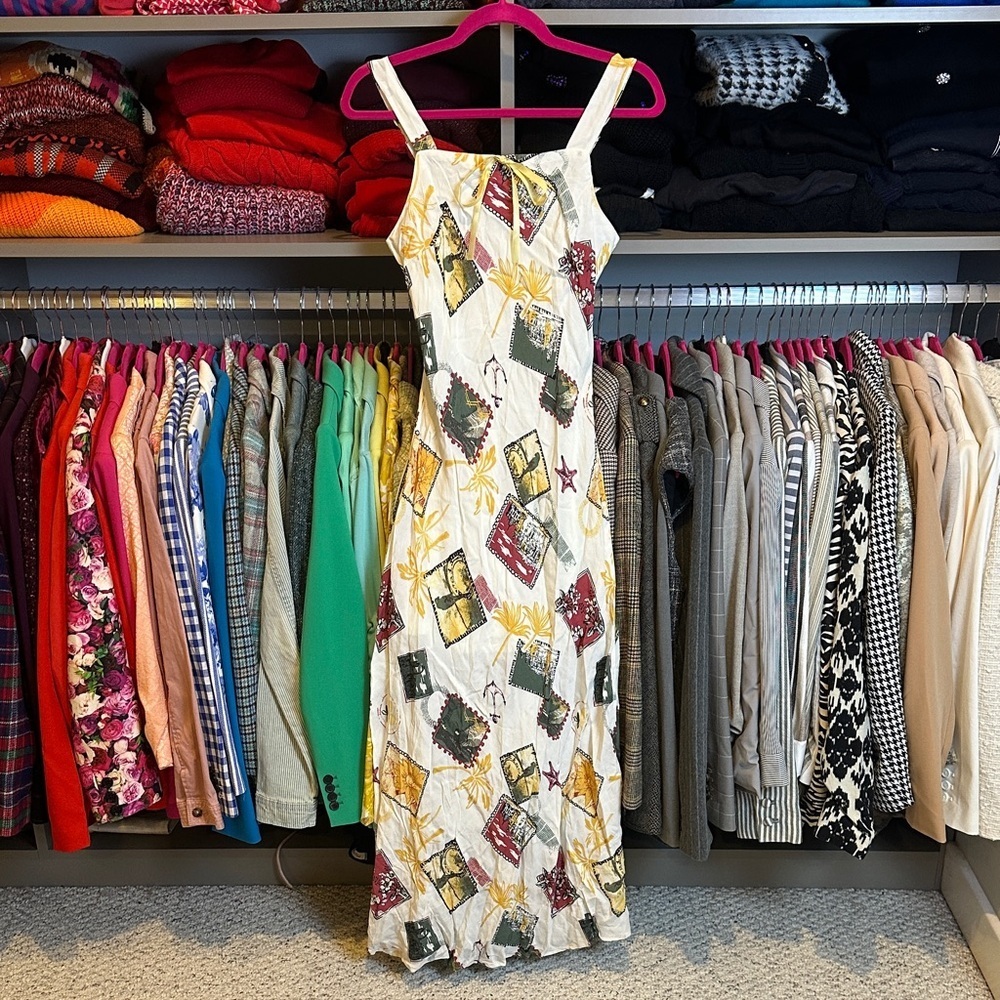 The Workshop white/yellow/green print adjustable strap maxi dress size S NWT